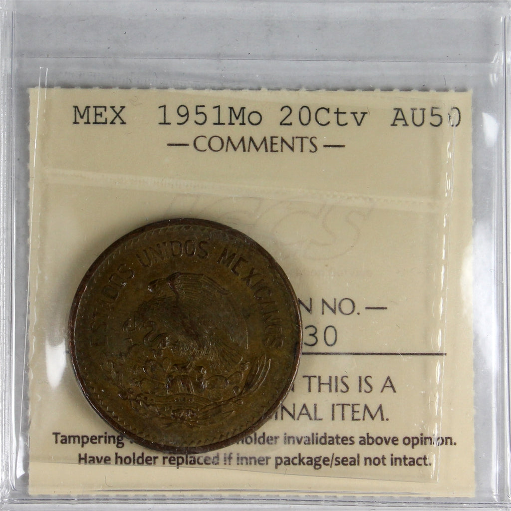Mexico 1951Mo 20 Centavos ICCS Certified AU50