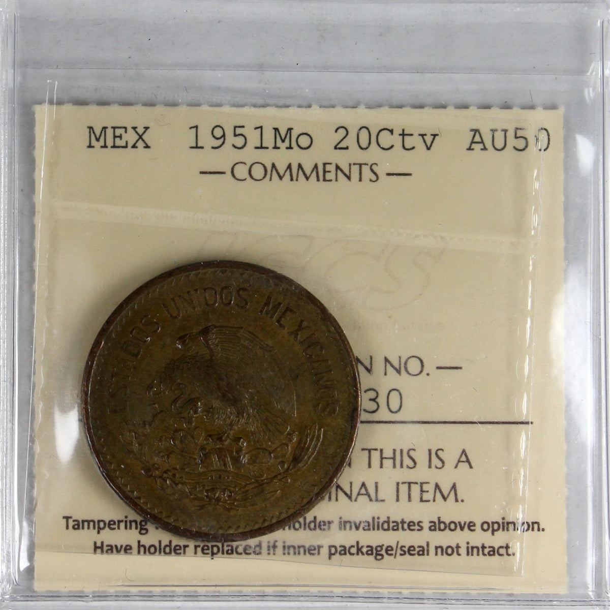 Mexico 1951Mo 20 Centavos ICCS Certified AU50