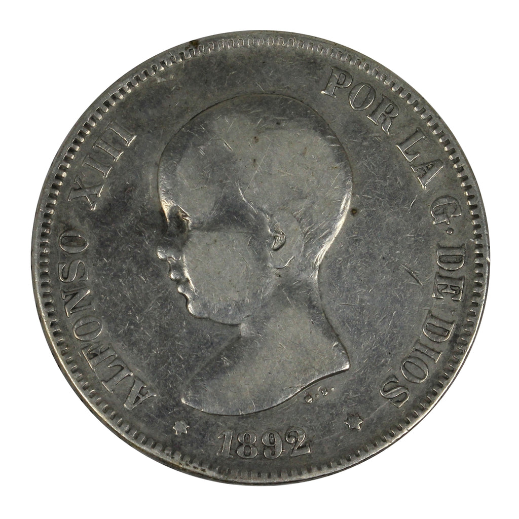 Spain 1892PGM 92 5 Pesetas VF-EF (VF30) $