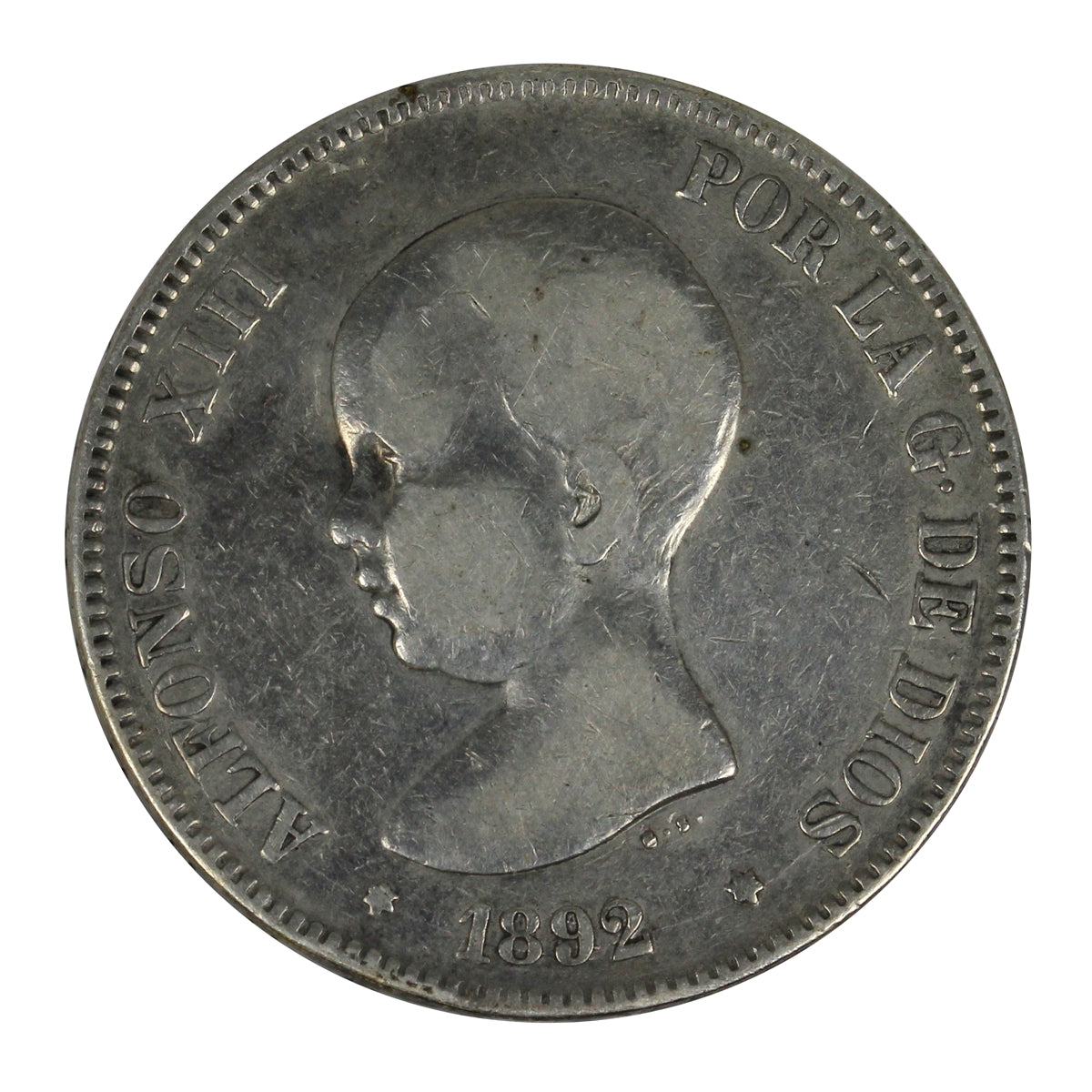 Spain 1892PGM 92 5 Pesetas VF-EF (VF30) $