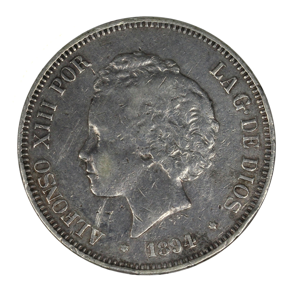 Spain 1894PGV 94 5 Pesetas Extra Fine (EF40) $