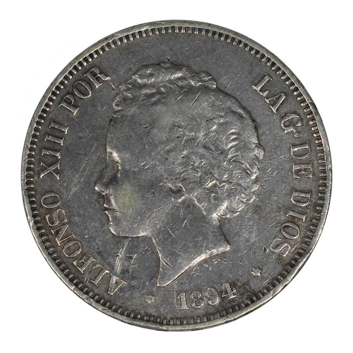 Spain 1894PGV 94 5 Pesetas Extra Fine (EF40) $