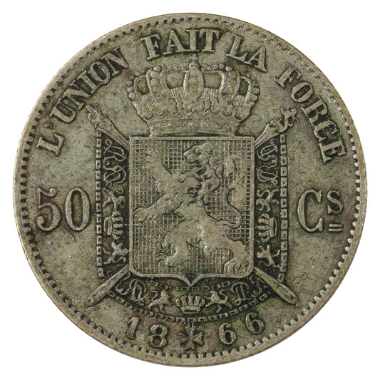 Belgium 1866 French 50 Centimes Very Fine (VF20)