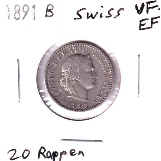 Switzerland 1891B 20 Rappen VF-EF (VF-30)