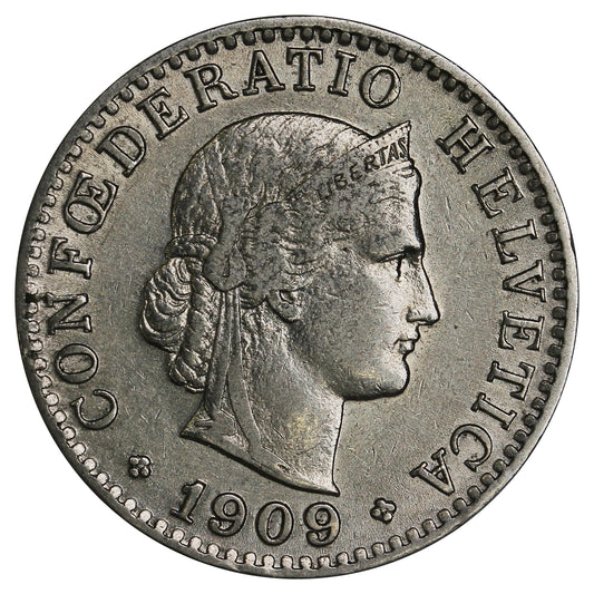 Switzerland 1909B 20 Rappen Almost Uncirculated (AU50)