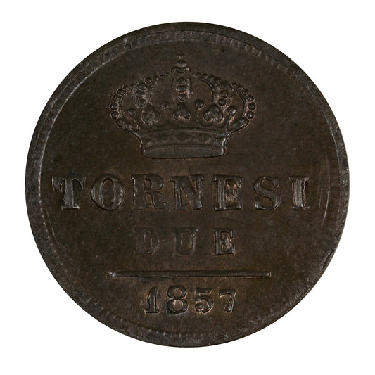Italian States 1857 Naples 2 Tornesi Brilliant Uncirculated (MS-63) Lustrous Brown $