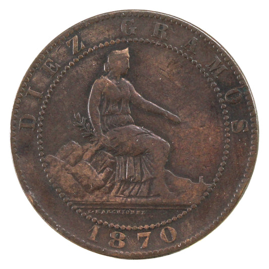 Spain 1870OM 10 Centimos VF-EF (VF-30)