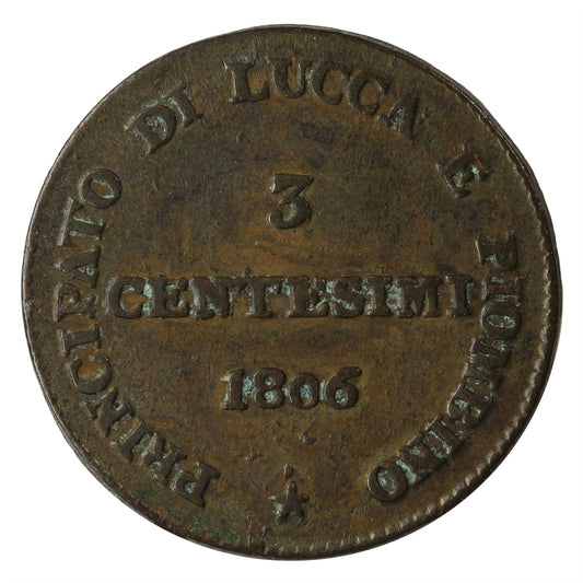 Italian States 1806 Republic of Lucca 3 Centesimi VF-EF (VF-30) $