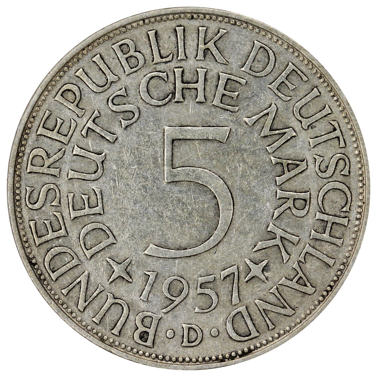 Germany 1957D 5 Marks Very Fine (VF20)