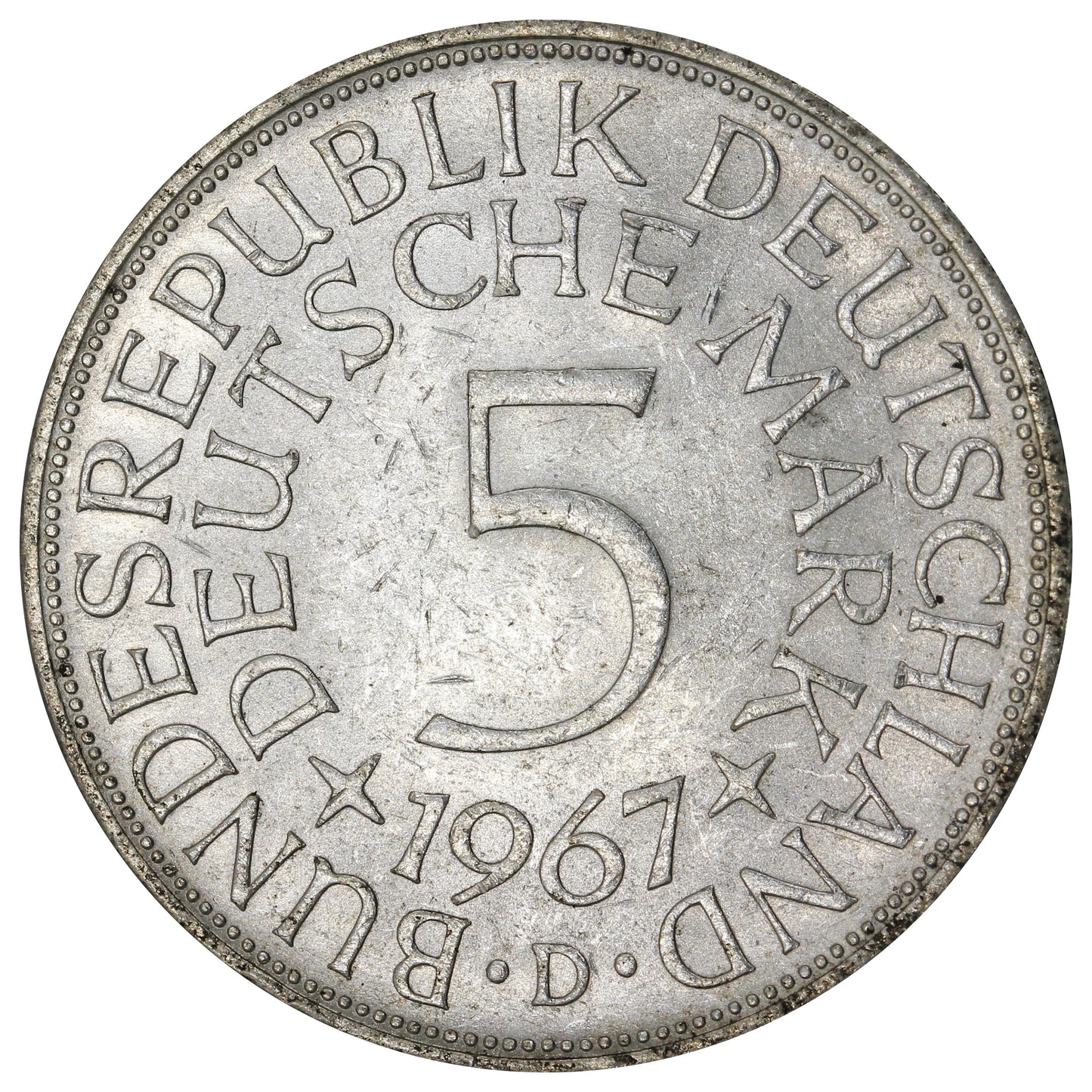 Germany 1967D 5 Marks Almost Uncirculated (AU50)