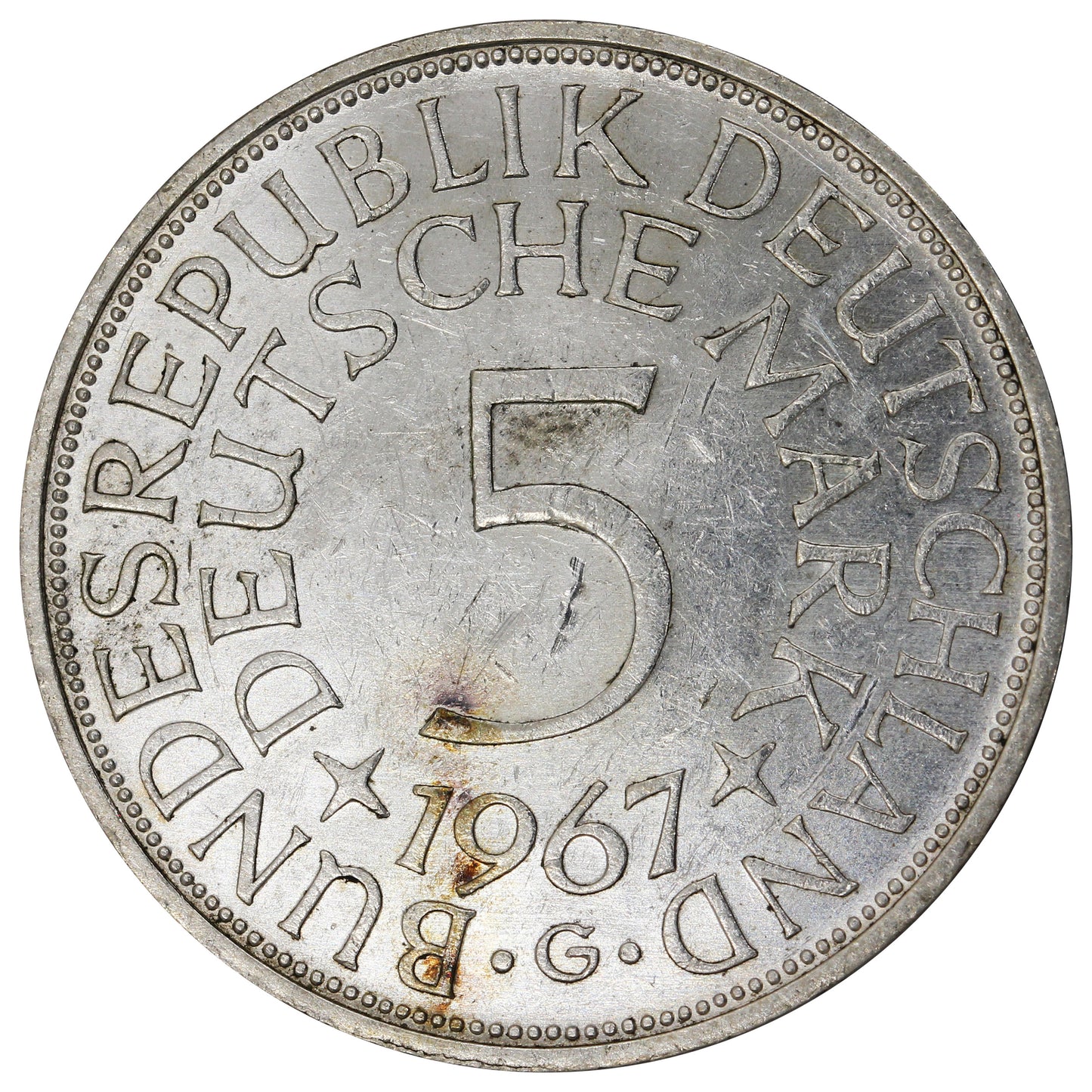 Germany 1967G 5 Marks Almost Uncirculated (AU50)