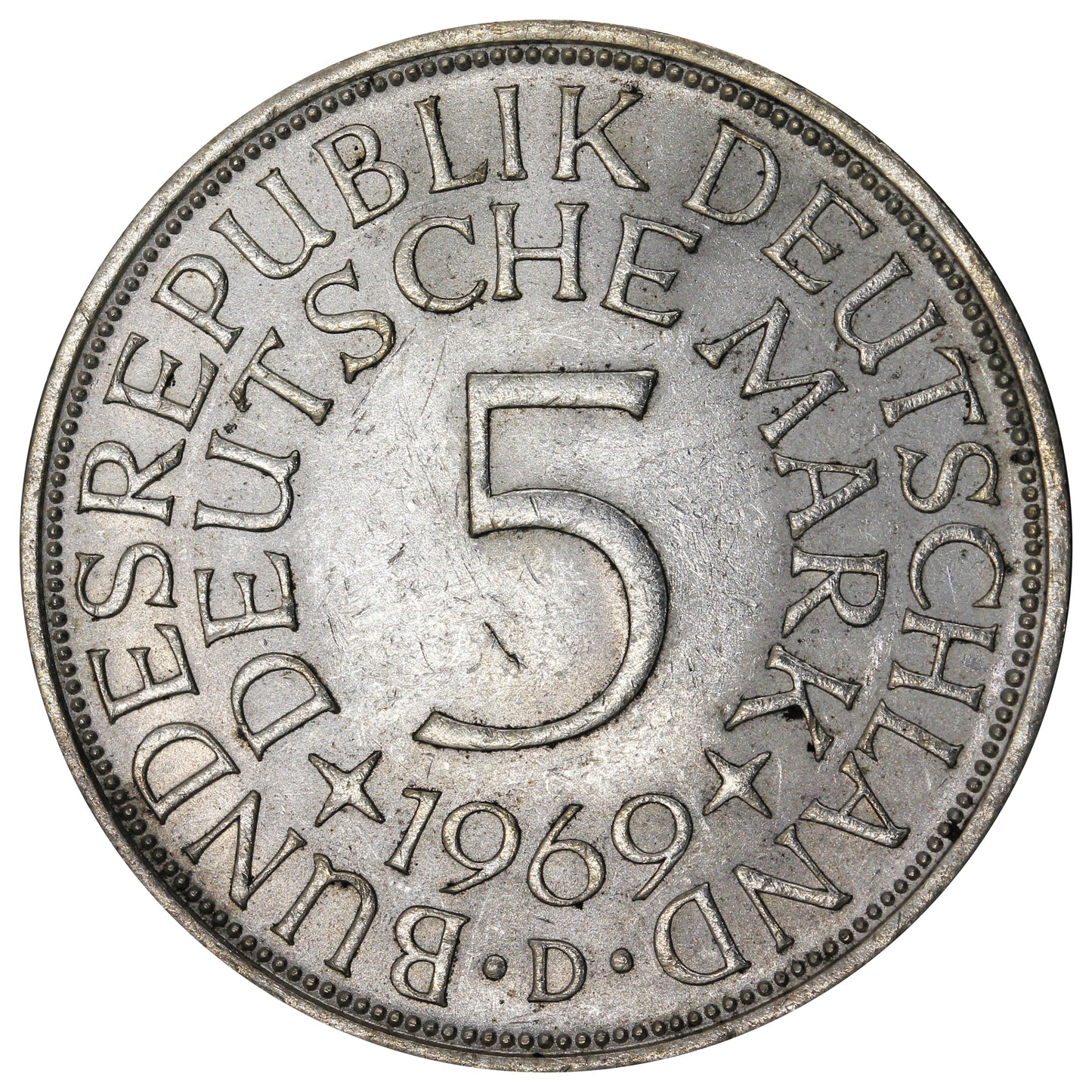 Germany 1969D 5 Marks Almost Uncirculated (AU50)