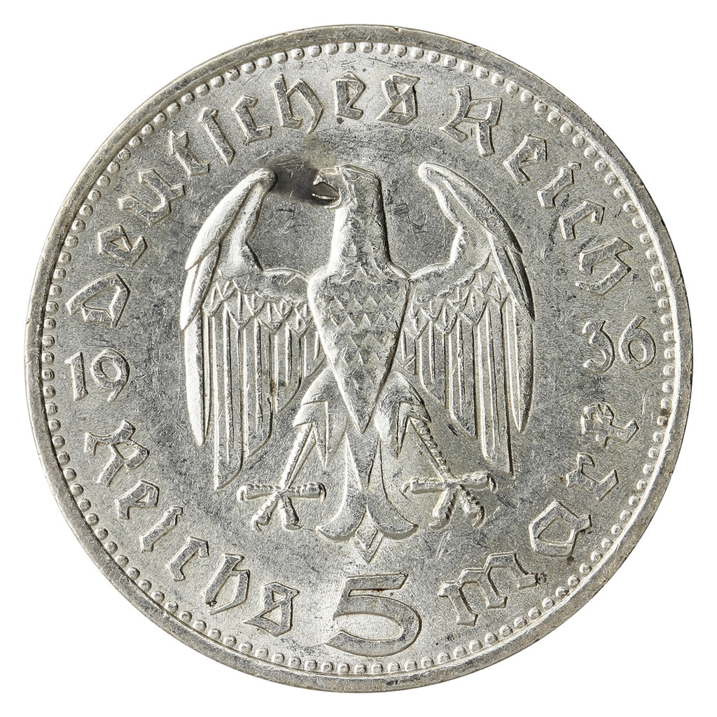 German Third Reich 1936F Hindenburg 5 Marks Almost Uncirculated (AU50) $