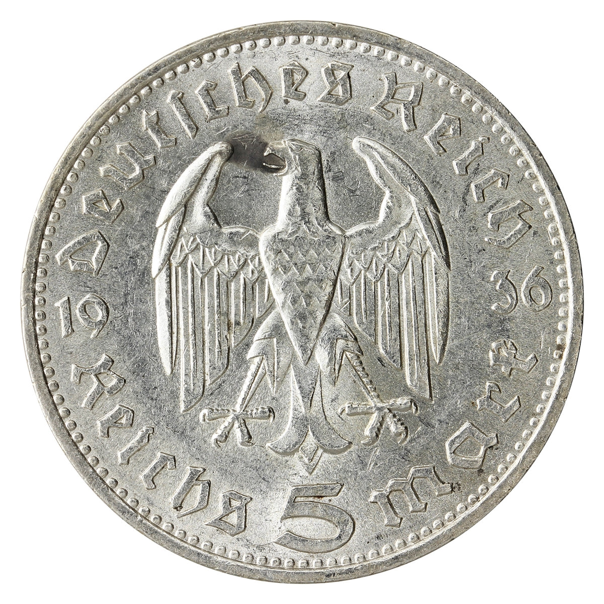 German Third Reich 1936F Hindenburg 5 Marks Almost Uncirculated (AU50) $