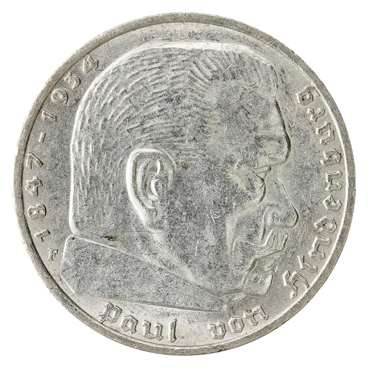 German Third Reich 1936F Hindenburg 5 Marks Almost Uncirculated (AU50) $