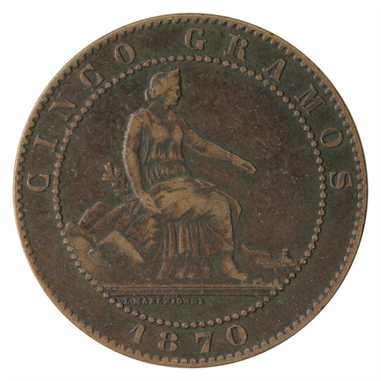 Spain 1870OM 5 Centimos Extra Fine (EF-40) $