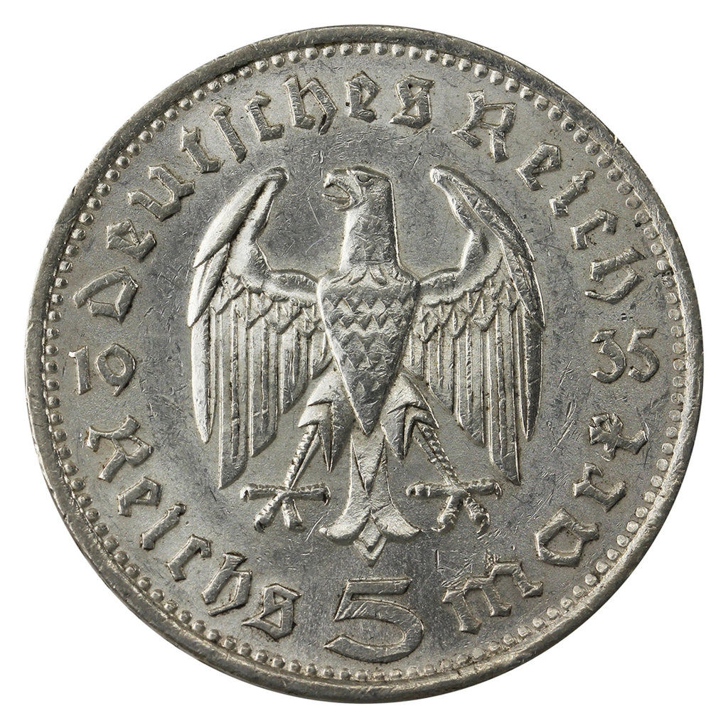 German Third Reich 1935F Hindenburg 5 Marks EF-AU (EF45)
