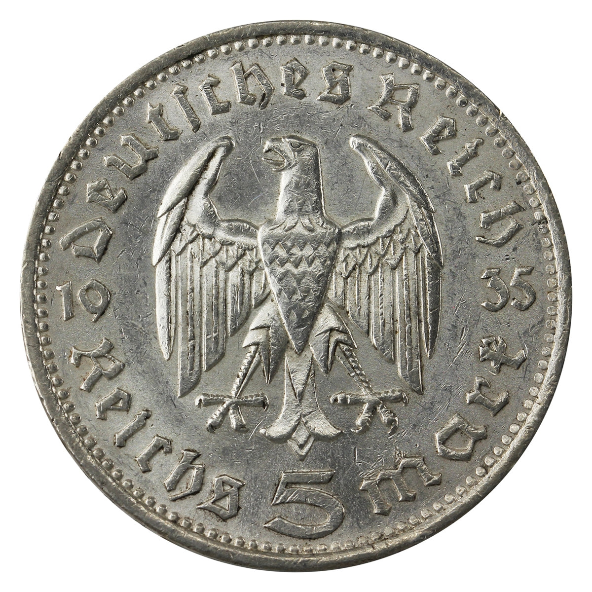 German Third Reich 1935F Hindenburg 5 Marks EF-AU (EF45)