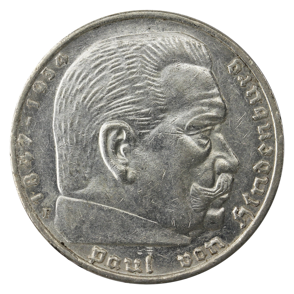 German Third Reich 1935F Hindenburg 5 Marks EF-AU (EF45)