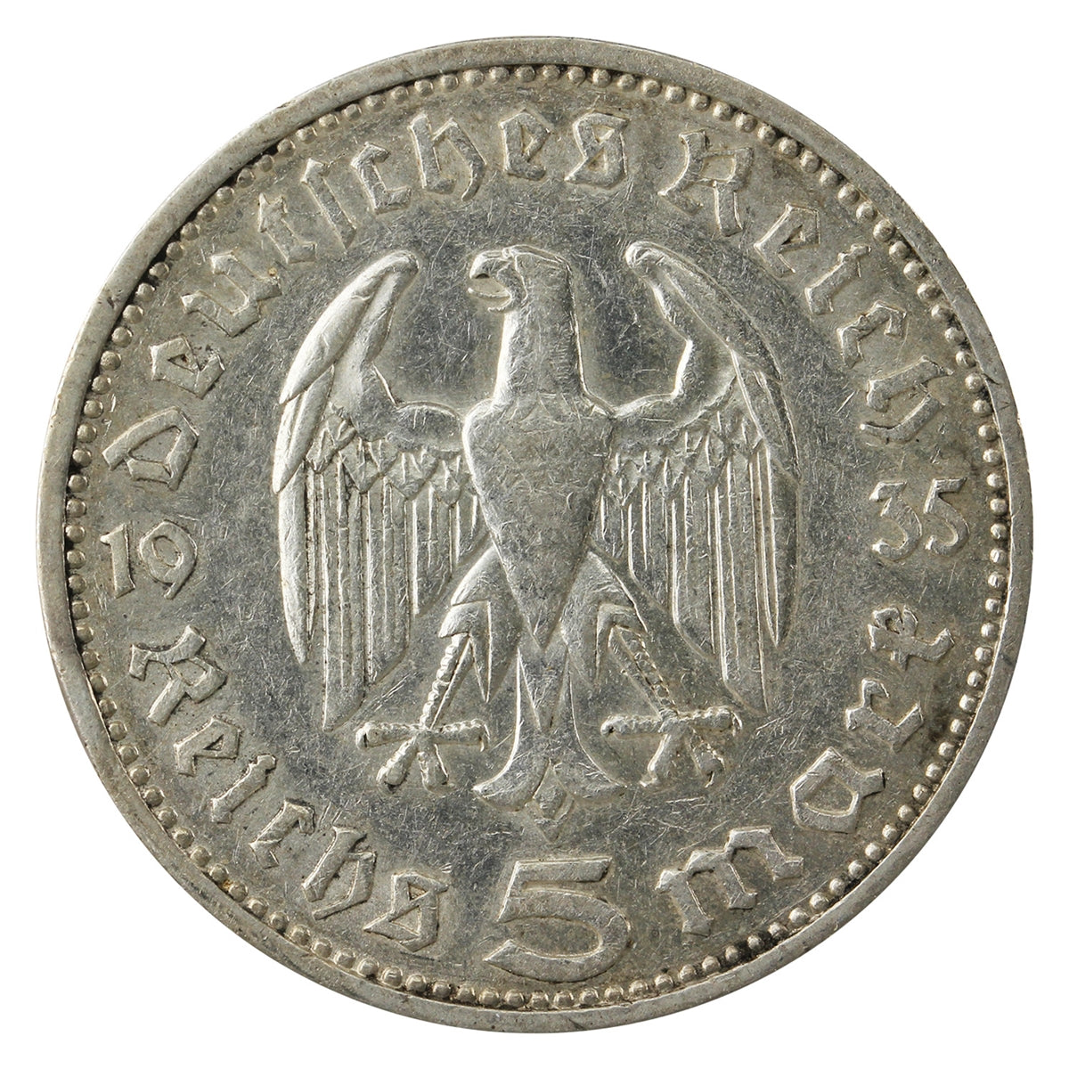 German Third Reich 1935J Hindenburg 5 Marks VF-EF (VF30)