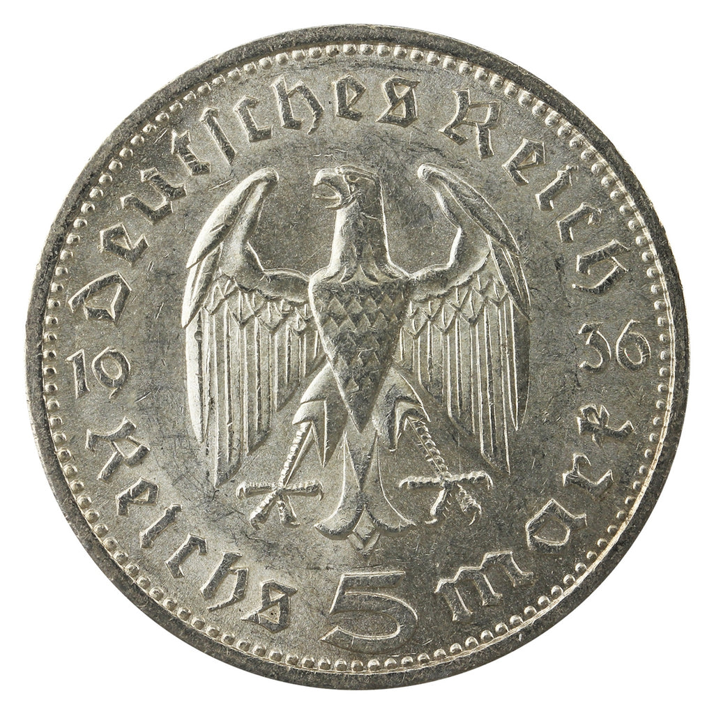 German Third Reich 1936A Hindenburg 5 Marks AU-UNC (AU55)