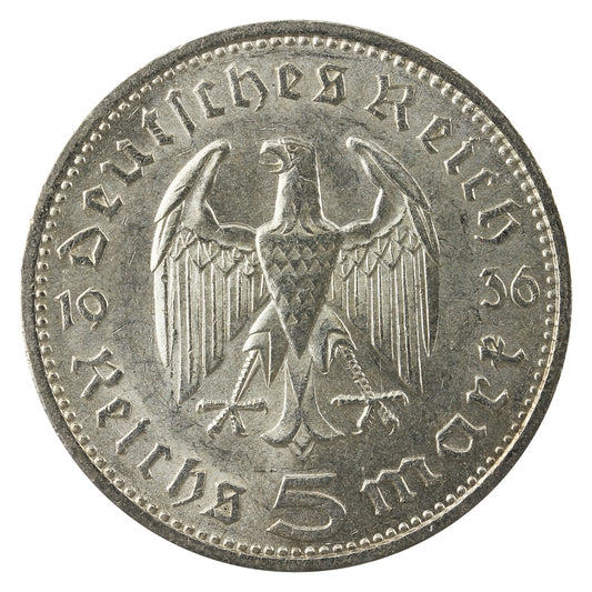 German Third Reich 1936A Hindenburg 5 Marks AU-UNC (AU55)