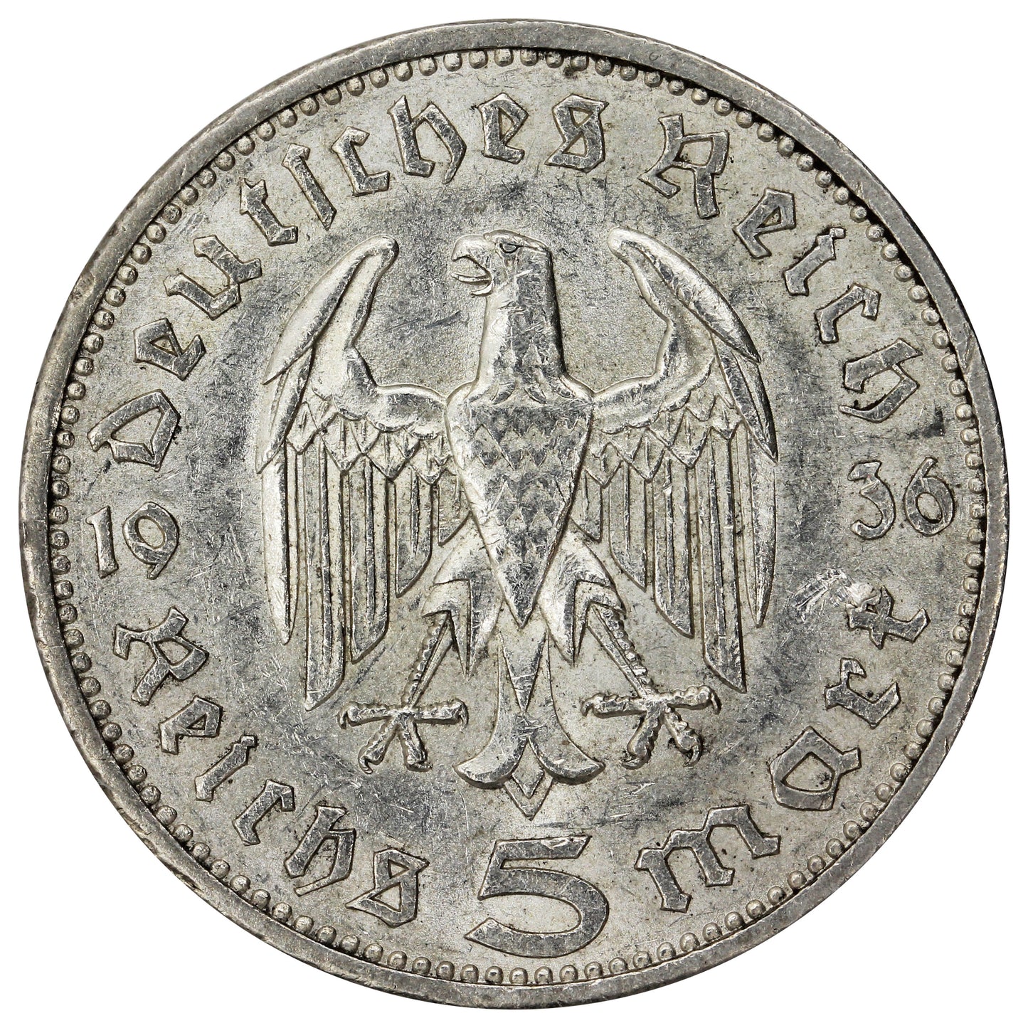 German Third Reich 1936A Hindenburg 5 Marks Almost Uncirculated (AU50)