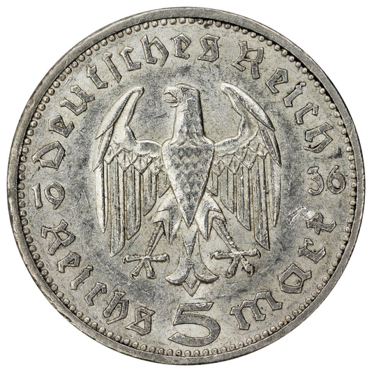 German Third Reich 1936A Hindenburg 5 Marks Almost Uncirculated (AU50)