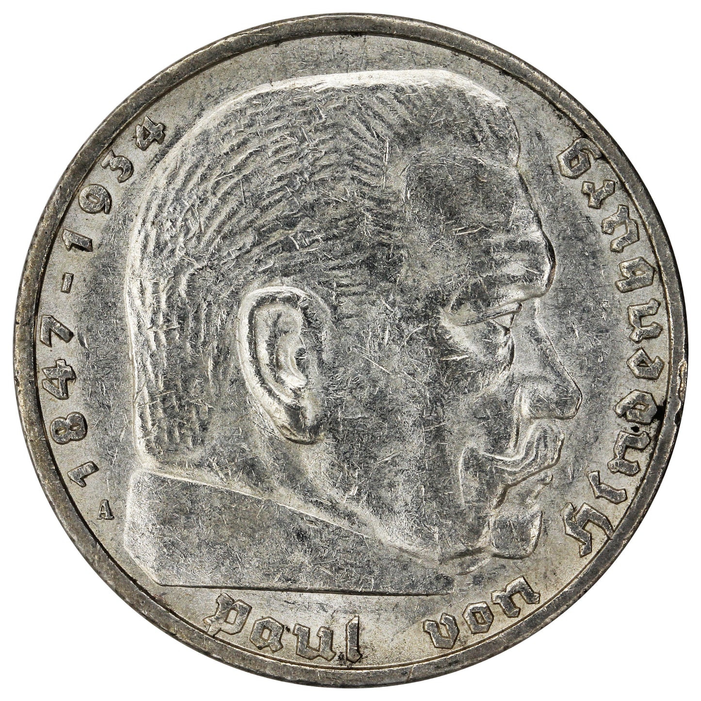 German Third Reich 1936A Hindenburg 5 Marks Almost Uncirculated (AU50)