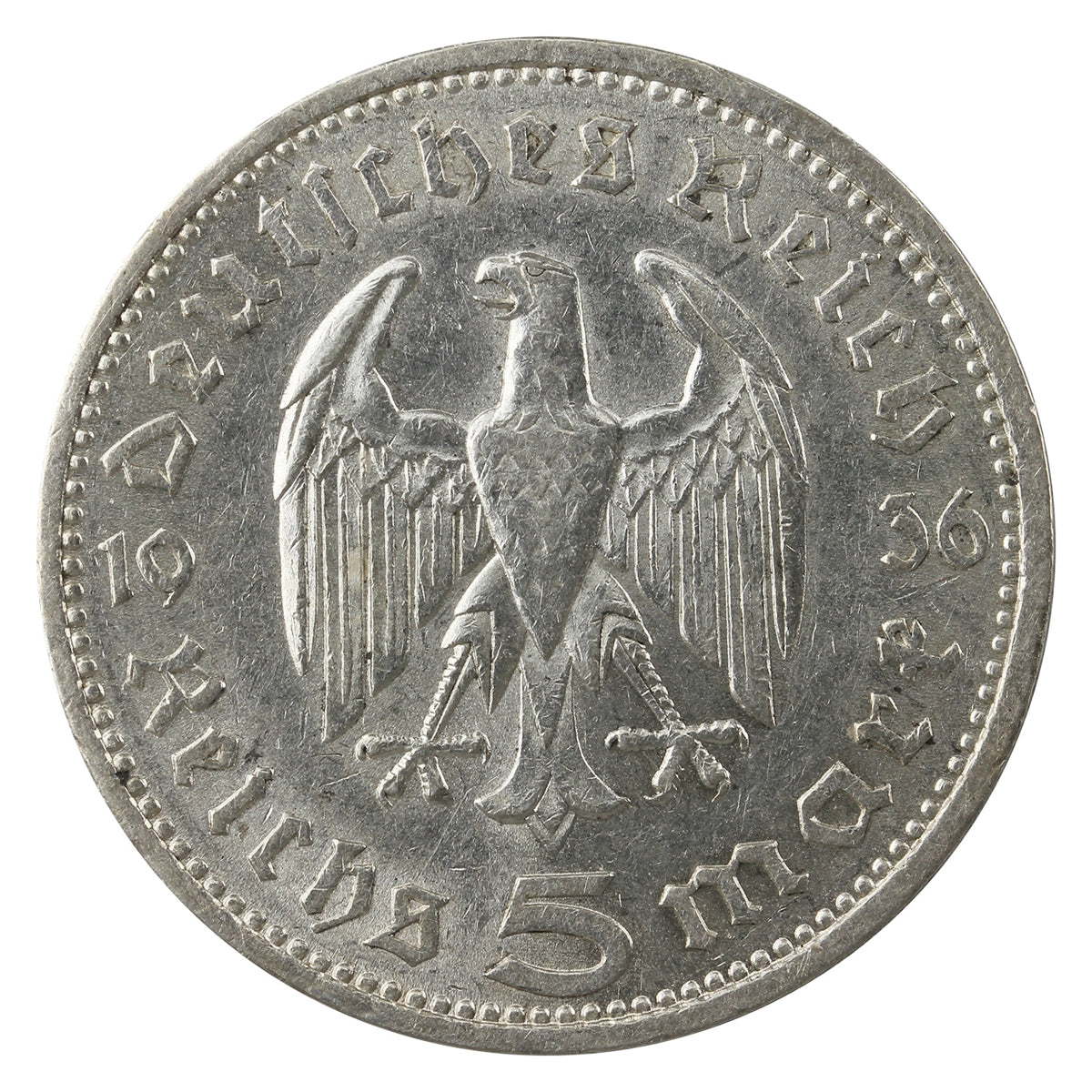 German Third Reich 1936A Hindenburg 5 Marks VF-EF (VF30)