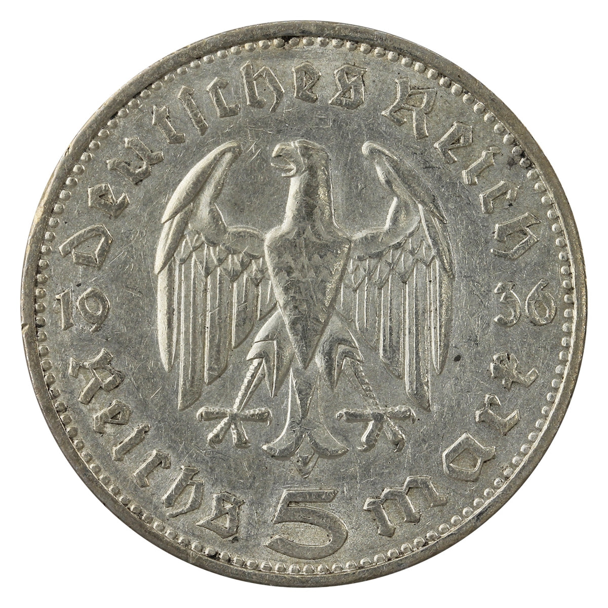 German Third Reich 1936F Hindenburg 5 Marks VF-EF (VF30)