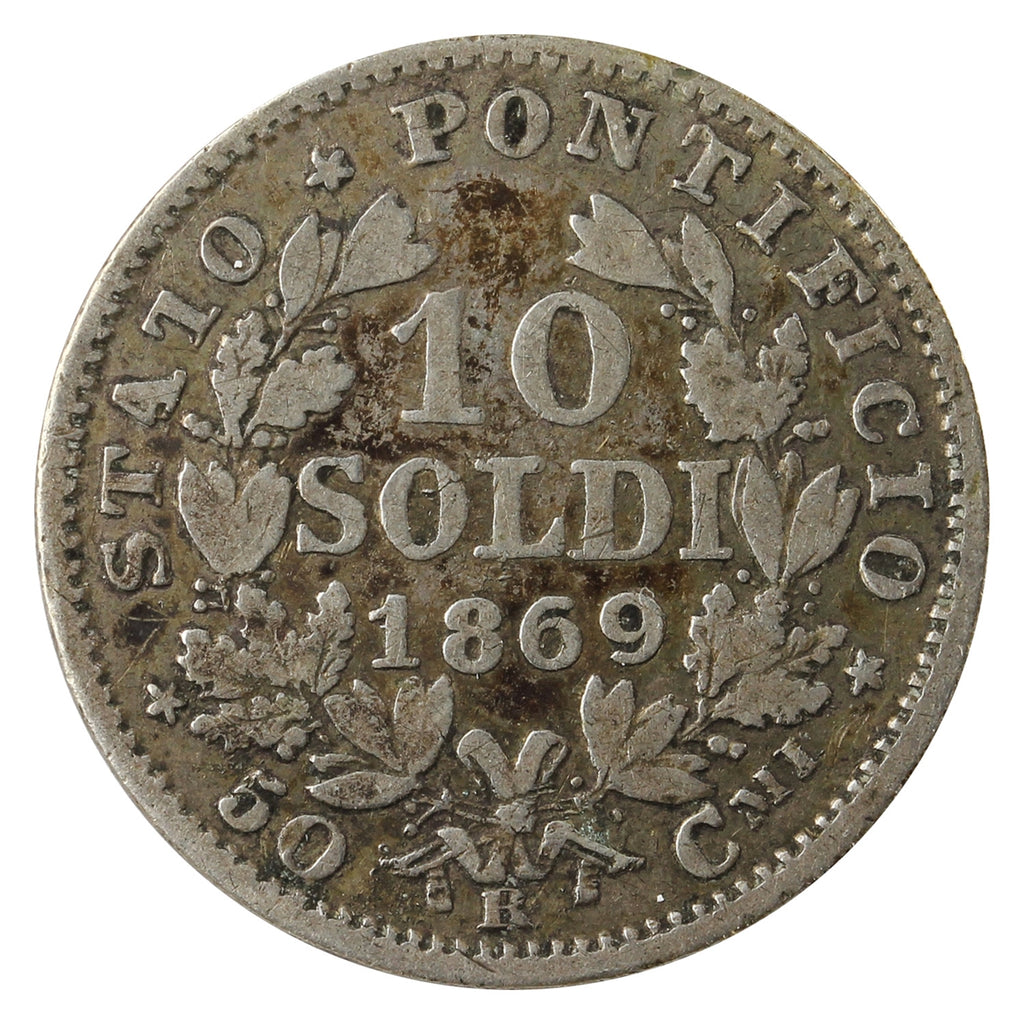 Italy 1869R XXIII Papal 10 Soldi Very Fine (VF20)