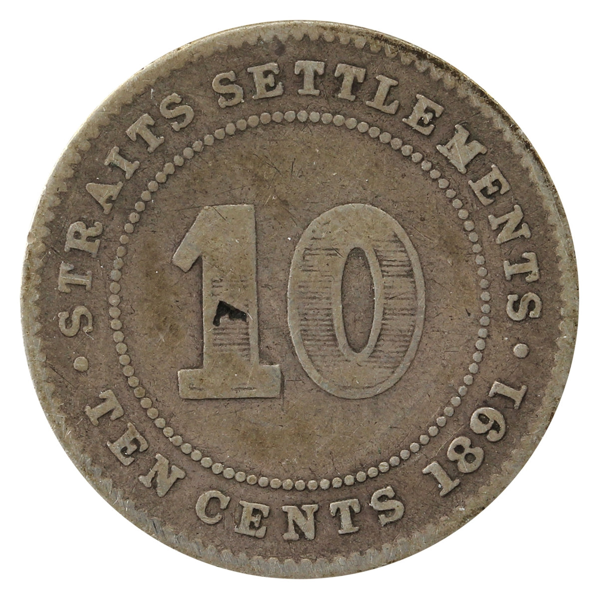 Straits Settlements 1891 10 Cents Very Good (VG8)