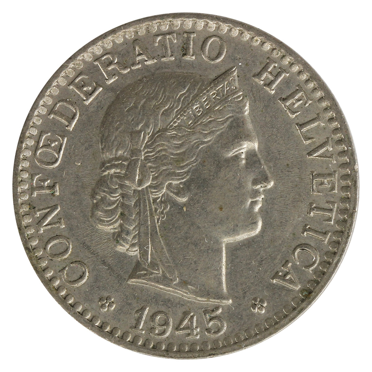 Switzerland 1945B 20 Rappen Almost Uncirculated (AU50)