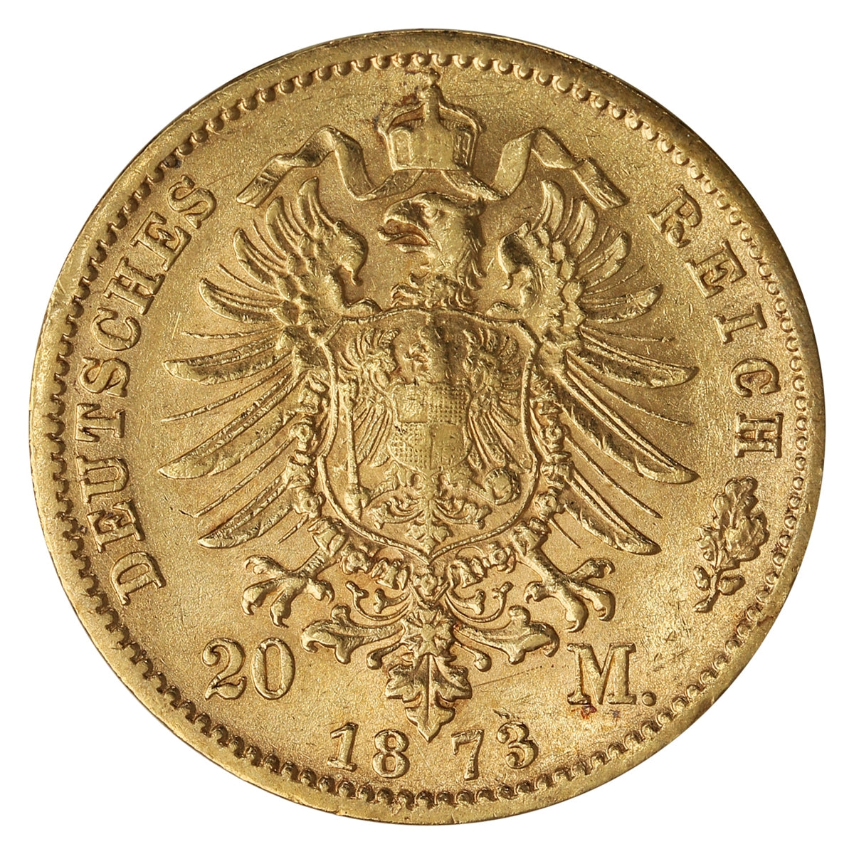 German States 1873C Prussia Gold 20 Mark EF-AU (EF45)