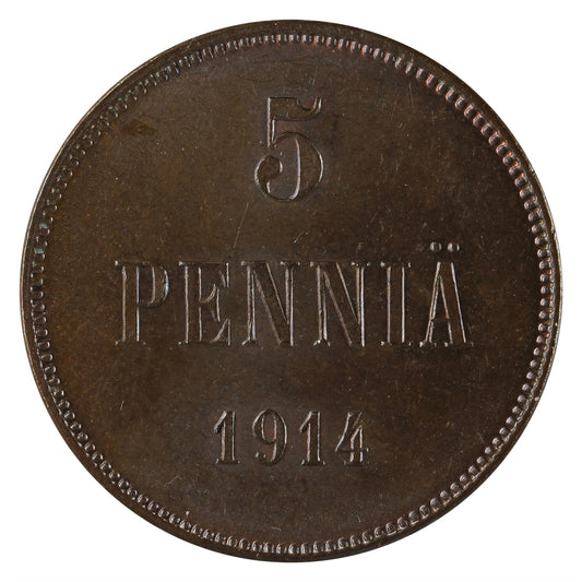 Finland 1914 5 Pennia Brilliant Uncirculated (MS63) Lustrous Brown $