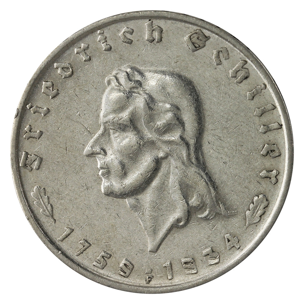 German Third Reich 1934F Friedrich Schiller 2 Marks Extra Fine (EF40) $