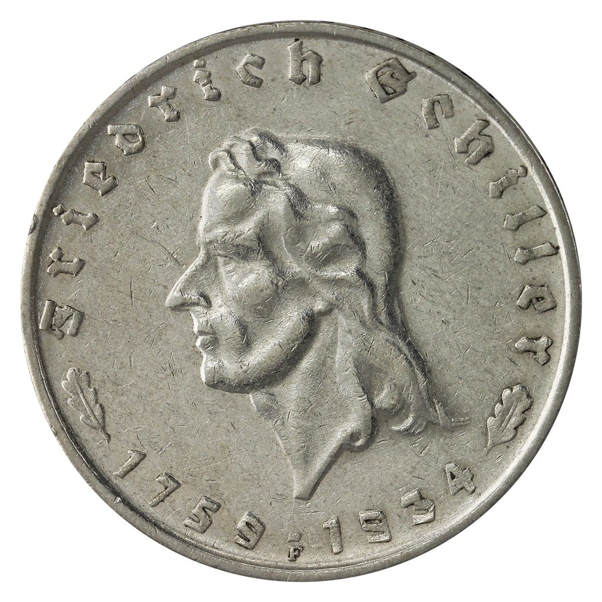 German Third Reich 1934F Friedrich Schiller 2 Marks Extra Fine (EF40) $