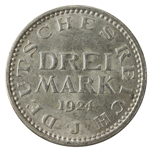 German Weimar Republic 1924J 3 Marks AU-UNC (AU55) $