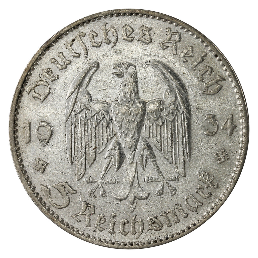 German Third Reich 1934F Date Divides Potsdam 5 Mark Extra Fine (EF40) $