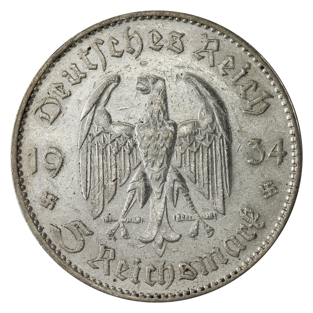 German Third Reich 1934F Date Divides Potsdam 5 Mark Extra Fine (EF40) $
