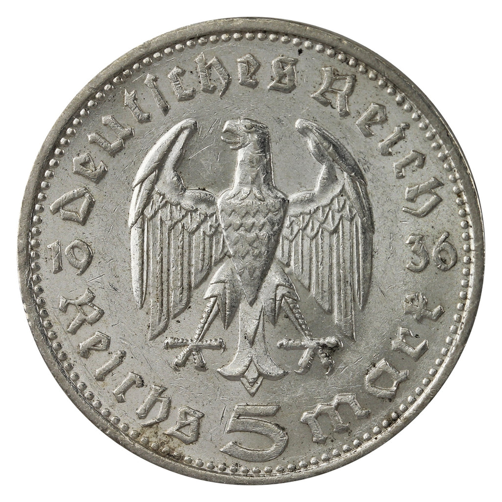German Third Reich 1936E Hindenburg 5 Mark Almost Uncirculated (AU50) $