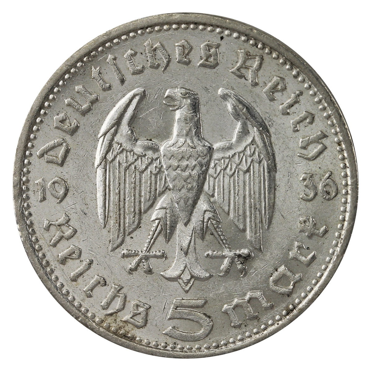 German Third Reich 1936E Hindenburg 5 Mark Almost Uncirculated (AU50) $