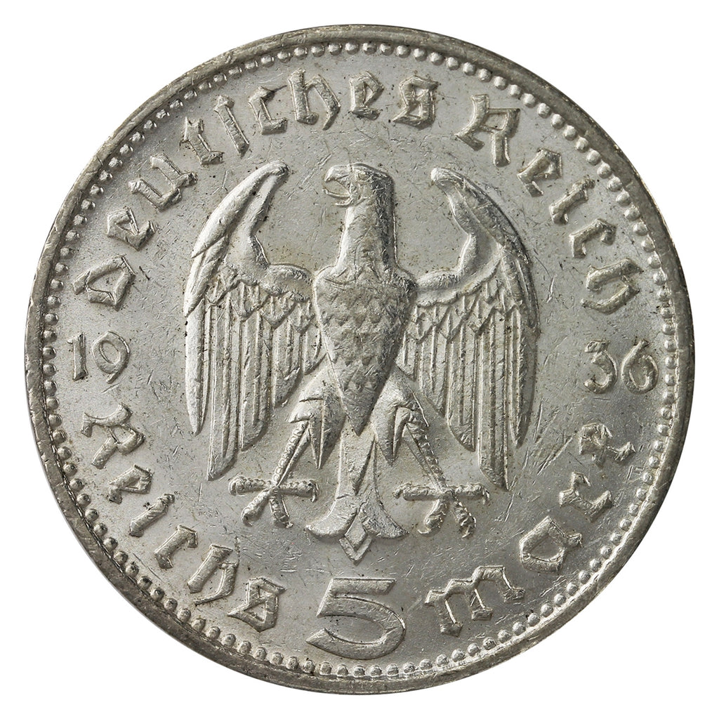 German Third Reich 1936G Hindenburg 5 Mark AU-UNC (AU55) $