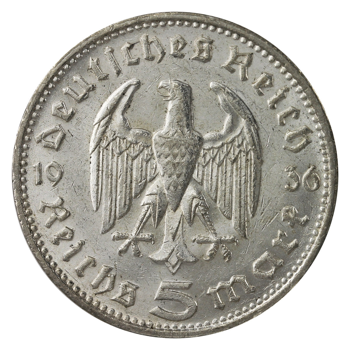 German Third Reich 1936G Hindenburg 5 Mark AU-UNC (AU55) $