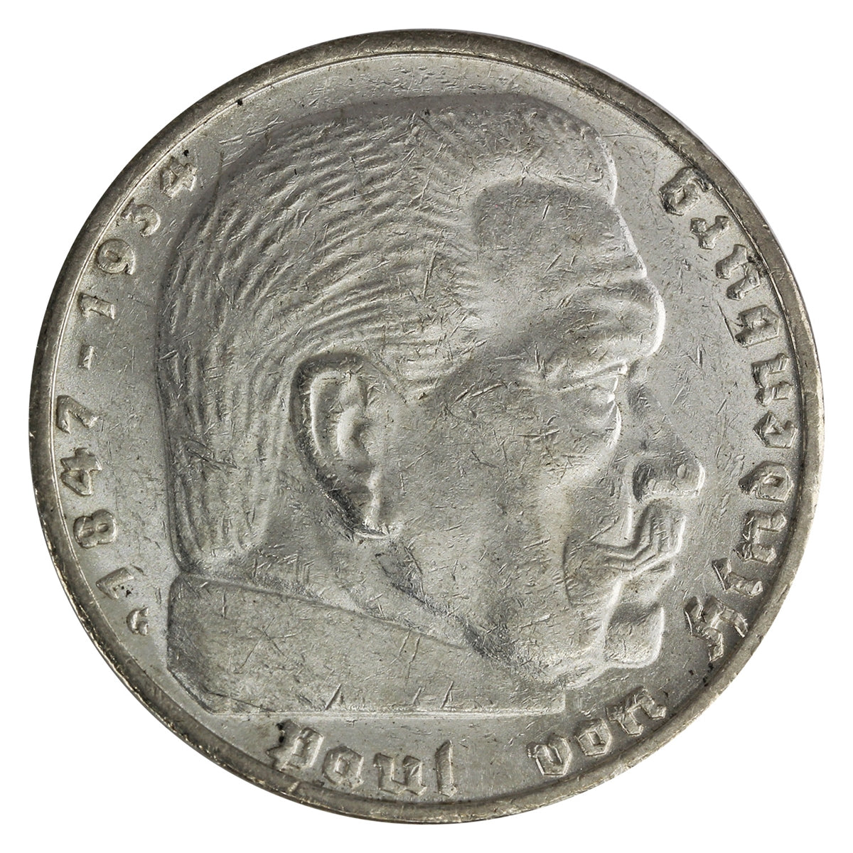 German Third Reich 1936G Hindenburg 5 Mark AU-UNC (AU55) $