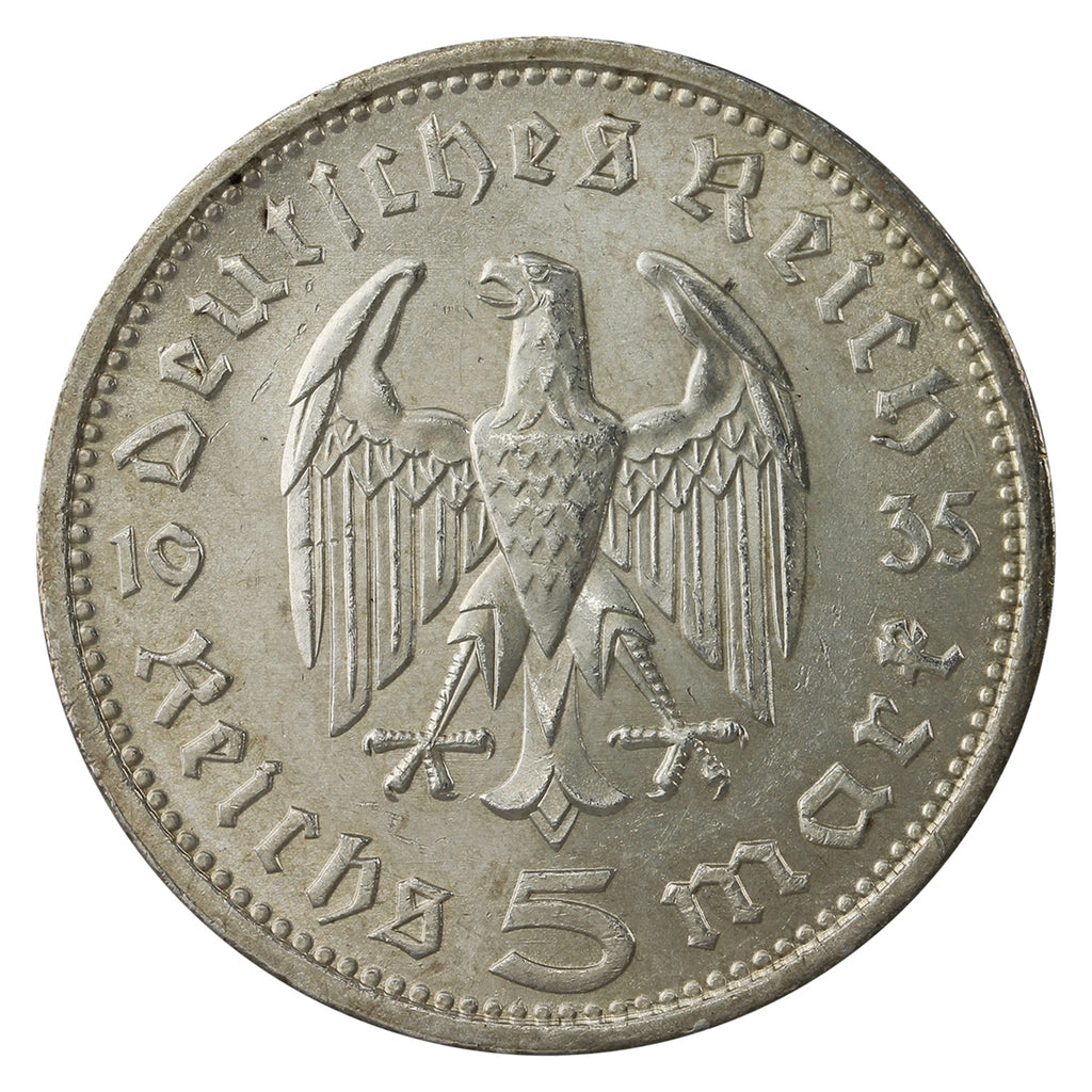 German Third Reich 1935A Hindenburg 5 Marks Choice Brilliant Uncirculated (MS64) $
