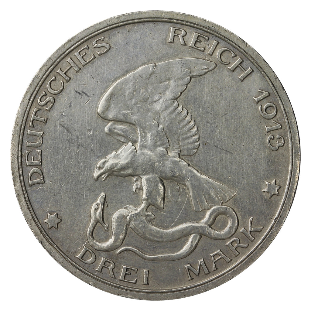 German States 1913 Prussia Napoleon 3 Marks Extra Fine (EF40)
