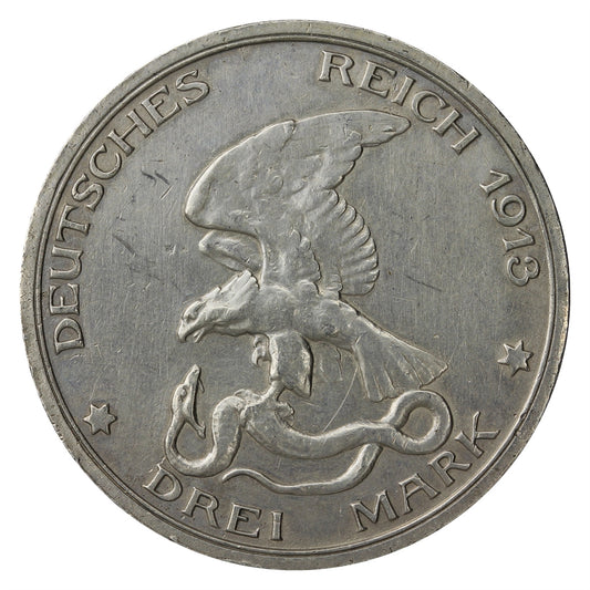 German States 1913 Prussia Napoleon 3 Marks Extra Fine (EF40)
