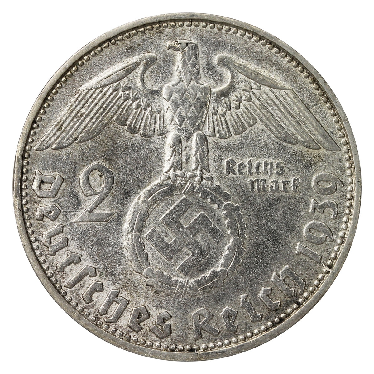 German Third Reich 1939D 2 Marks Almost Uncirculated (AU50)